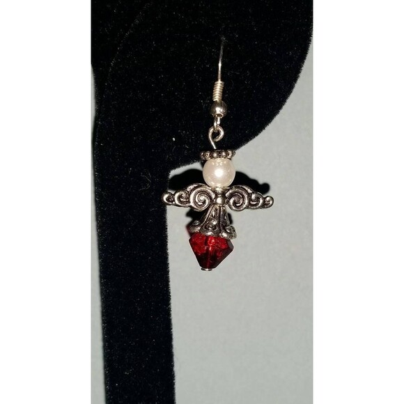 Red, White and Silvertone Beaded Angel Earrings - Picture 3 of 4